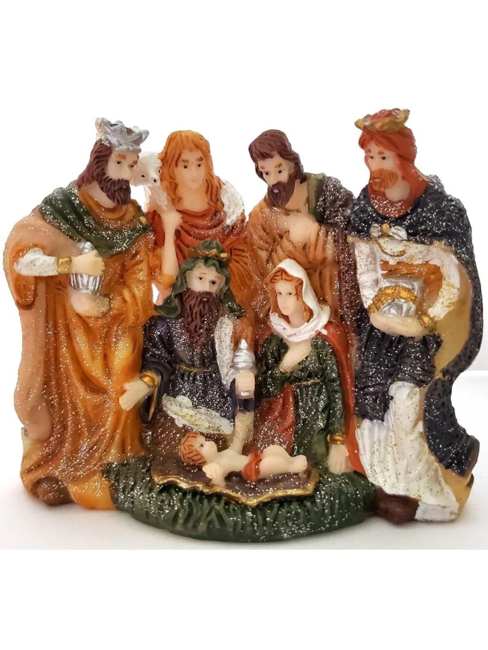 Small CHRISTMAS NATIVITY resin glitter figurine Holy Family Wise Men Shepherd 3